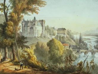 Blick auf die Brücke bei Jurancon und Schloss Pau, graviert von Gerard Rene Le Vilain (1740-1836)
